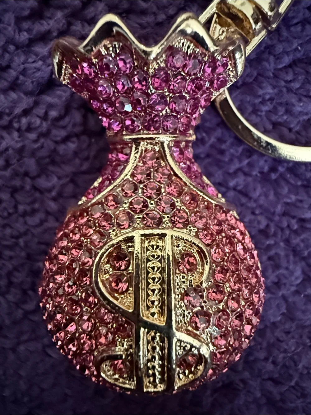 Pink Crystal Money-Bag Keychain Charm with Dollar Sign